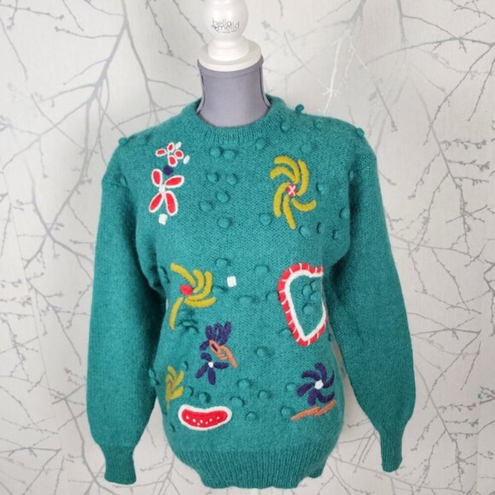 Vintage 70% Mohair Blend Knit Artsy Popcorn 3D Knit Crewneck Sweater